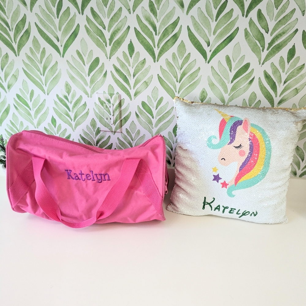 "Katelyn" Pink duffel Bag and Unicorn pillow bundle